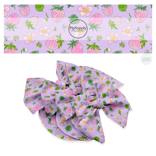 These spring strawberries and floral pattern themed no sew bow strips can be easily tied and attached to a clip for a finished hair bow. These patterned bow strips are great for personal use or to sell. These bow strips features pink strawberries and flowers on light purple. 