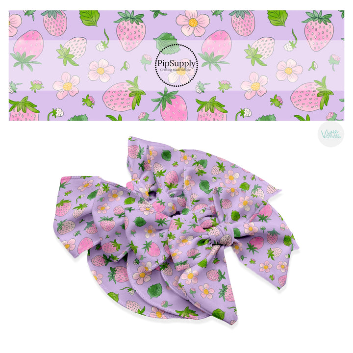 These spring strawberries and floral pattern themed no sew bow strips can be easily tied and attached to a clip for a finished hair bow. These patterned bow strips are great for personal use or to sell. These bow strips features pink strawberries and flowers on light purple. 