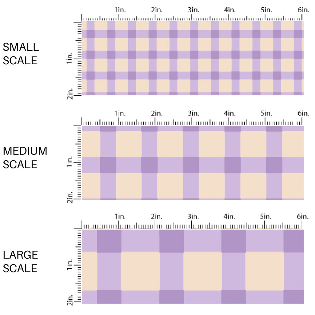 This scale chart of small scale, medium scale, and large scale of this summer fabric by the yard features summer haze purple and cream plaid pattern. This fun summer themed fabric can be used for all your sewing and crafting needs!