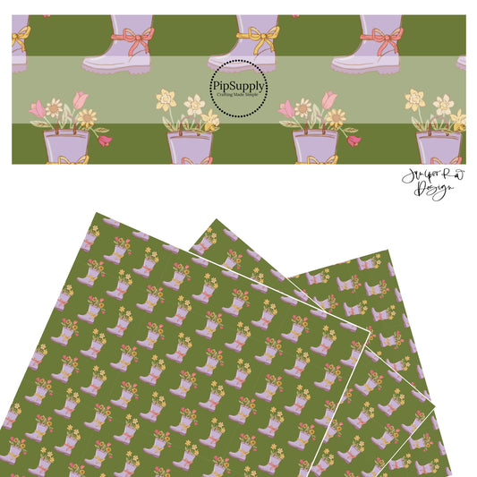 These spring rain boots and flowers faux leather sheets contain the following design elements: purple rain boots filled with flowers on dark green. Our CPSIA compliant faux leather sheets or rolls can be used for all types of crafting projects. 