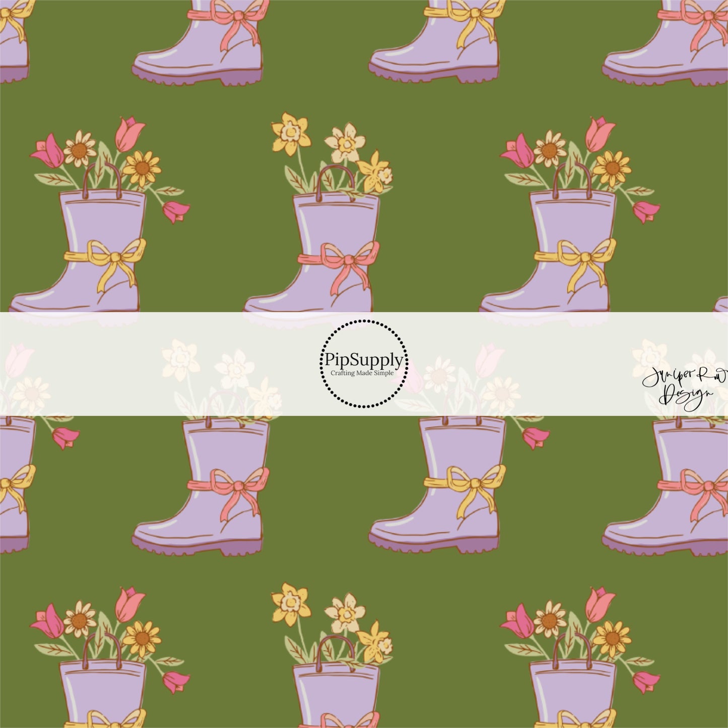 These spring rain boots and flowers themed no sew bow strips can be easily tied and attached to a clip for a finished hair bow. These patterned bow strips are great for personal use or to sell. These bow strips features purple rain boots filled with flowers on dark green.