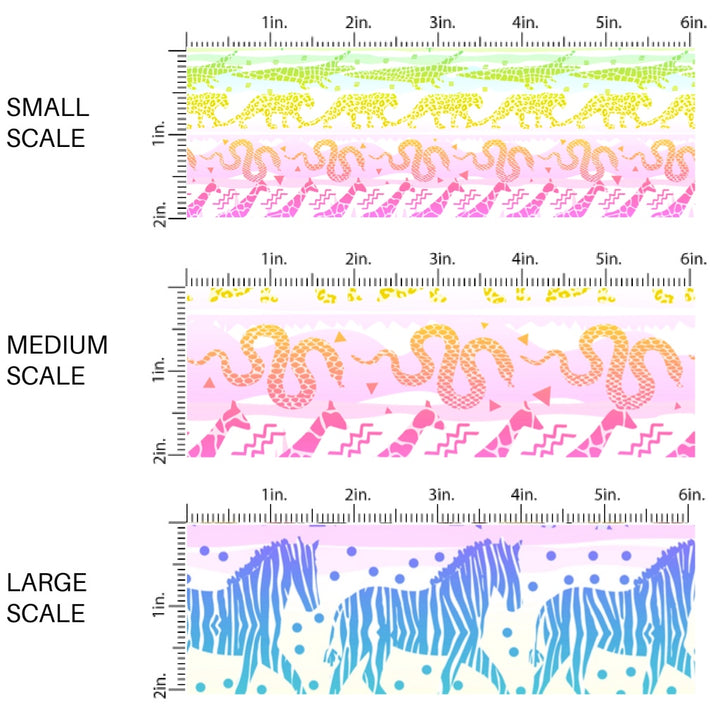 This scale chart of small scale, medium scale, and large scale of this animal fabric by the yard features rainbow ombre safari. This fun themed fabric can be used for all your sewing and crafting needs!