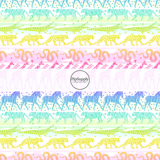 This animal fabric by the yard features rainbow ombre safari. This fun themed fabric can be used for all your sewing and crafting needs!