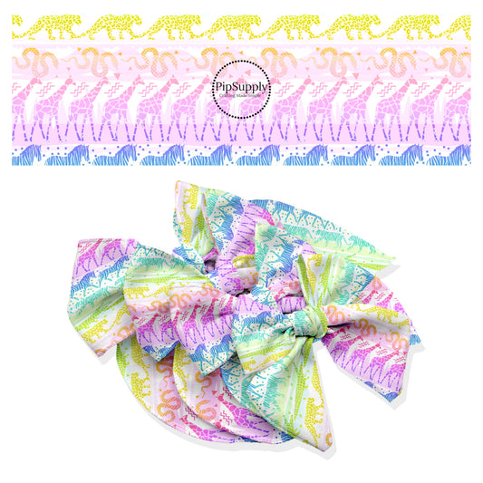 These animal themed no sew bow strips can be easily tied and attached to a clip for a finished hair bow. These summer patterned bow strips are great for personal use or to sell. These bow strips feature rainbow ombre safari.