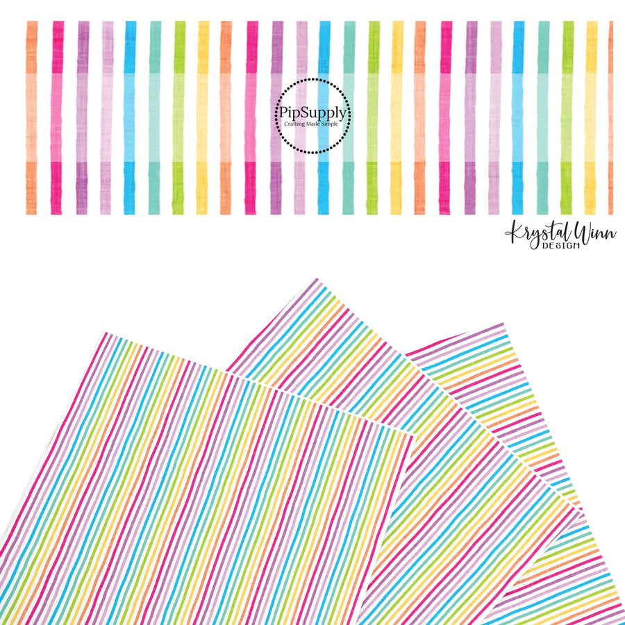 These summer faux leather sheets contain the following design elements: bright rainbow stripes. Our CPSIA compliant faux leather sheets or rolls can be used for all types of crafting projects.