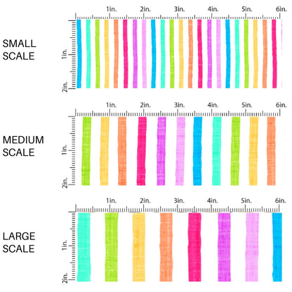 This scale chart of small scale, medium scale, and large scale of this summer fabric by the yard features bright rainbow stripes. This fun summer themed fabric can be used for all your sewing and crafting needs!