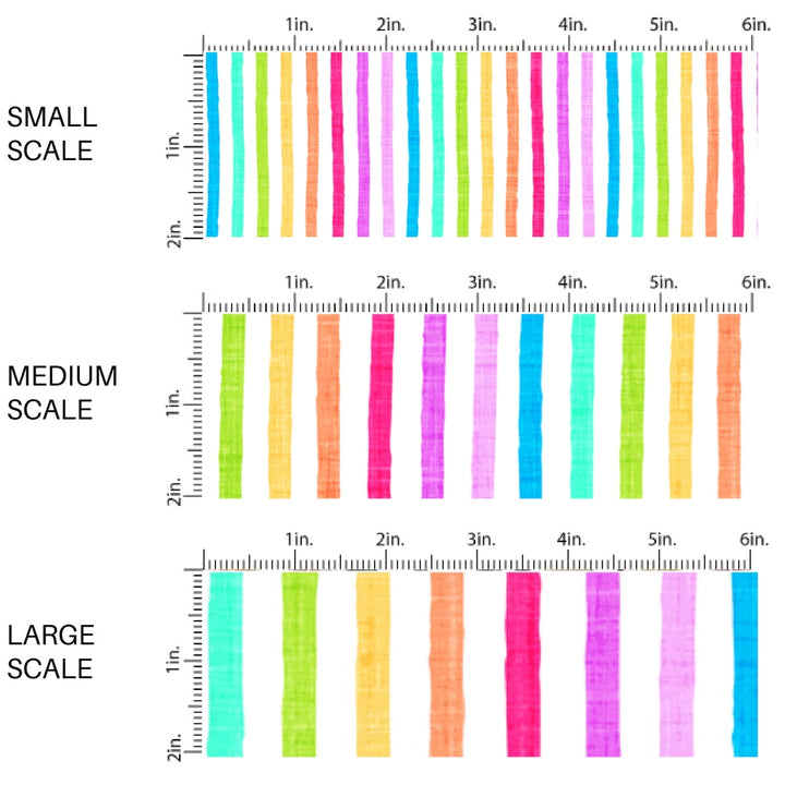 This scale chart of small scale, medium scale, and large scale of this summer fabric by the yard features bright rainbow stripes. This fun summer themed fabric can be used for all your sewing and crafting needs!