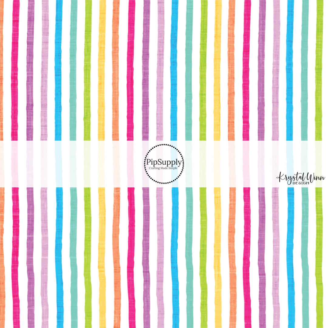 This summer fabric by the yard features bright rainbow stripes. This fun summer themed fabric can be used for all your sewing and crafting needs!