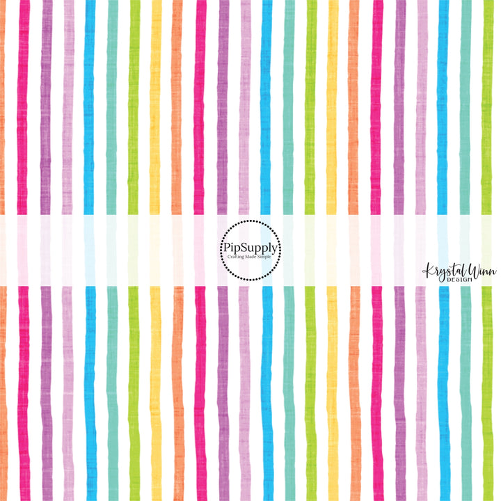 This summer fabric by the yard features bright rainbow stripes. This fun summer themed fabric can be used for all your sewing and crafting needs!