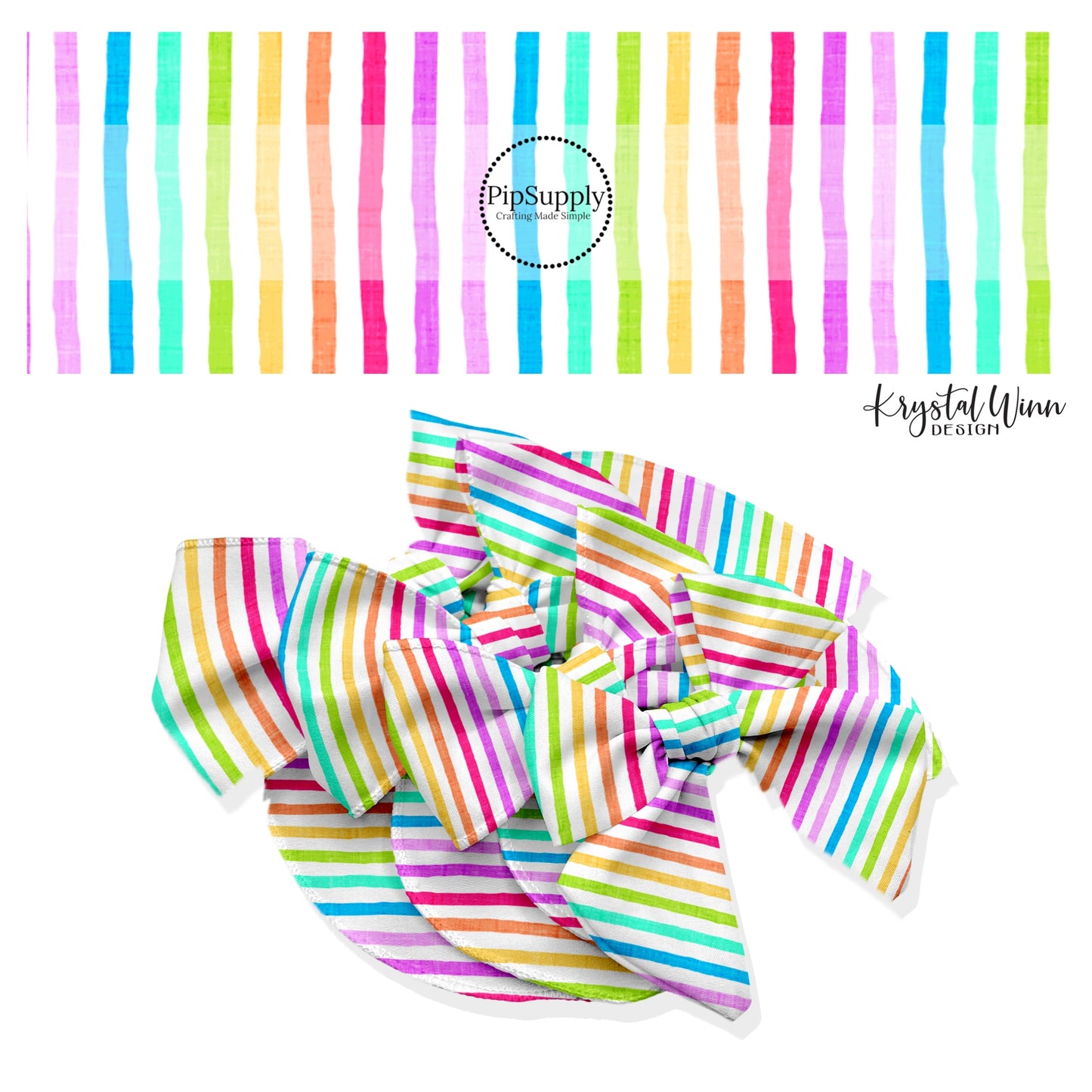 These summer themed no sew bow strips can be easily tied and attached to a clip for a finished hair bow. These summer patterned bow strips are great for personal use or to sell. These bow strips feature bright rainbow stripes.