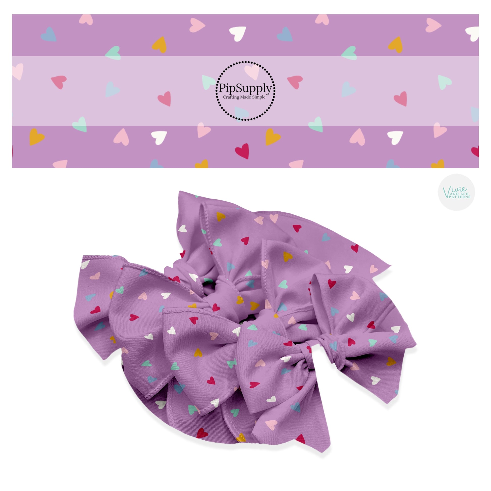 Little rainbow hearts on purple hair bow strips