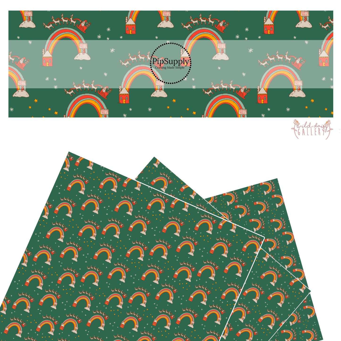 Santa and reindeer flying from north pole to houses on a rainbow on green faux leather sheets