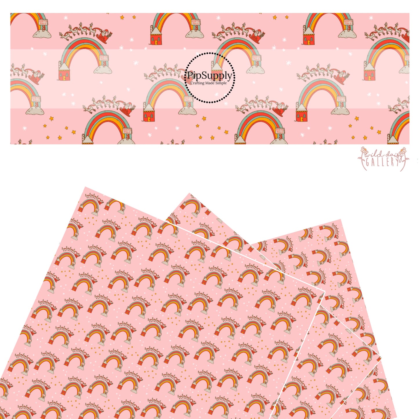 Rainbows, santa, reindeer, and stars on pink faux leather sheets