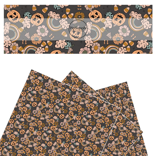 Pumpkins, rainbows, flowers, candy corns, and mushrooms on dark gray faux leather sheets