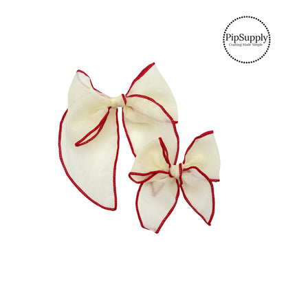 red stitches on cream hair bow strips