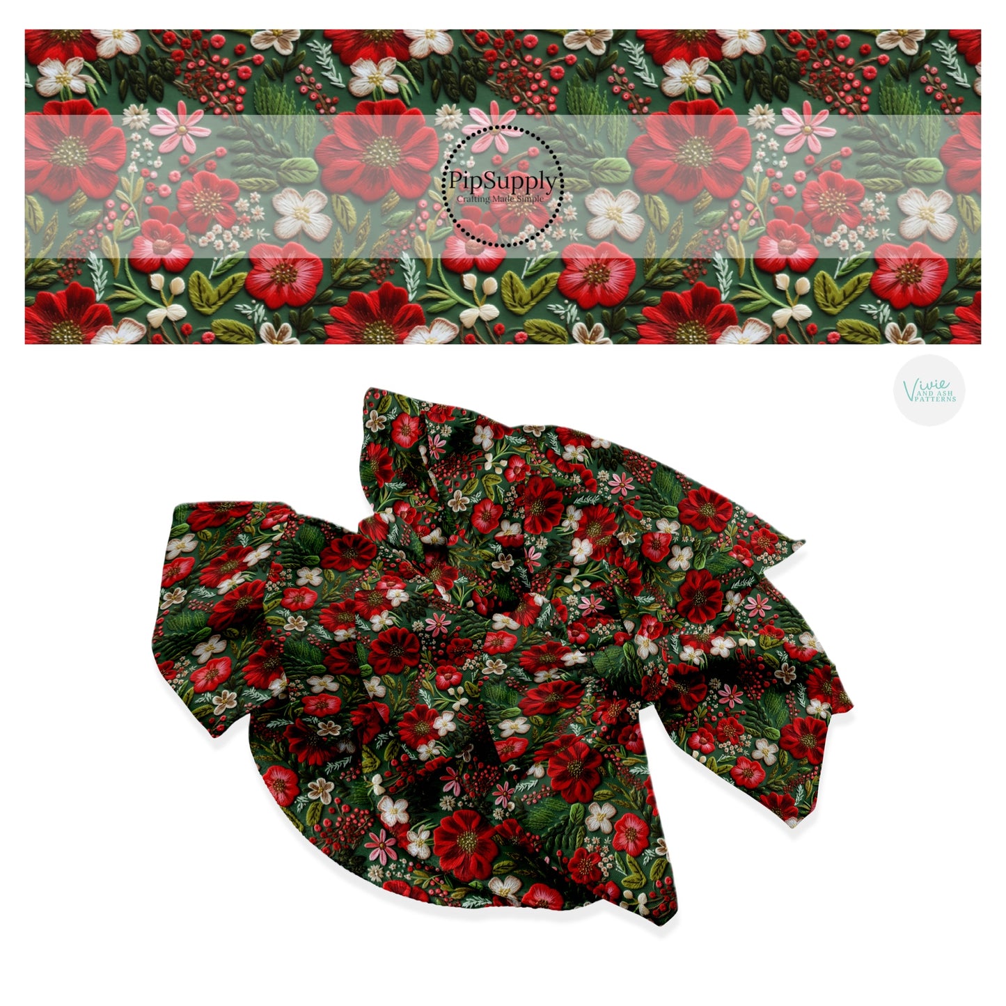 Red and green embroidered floral hair bow strips