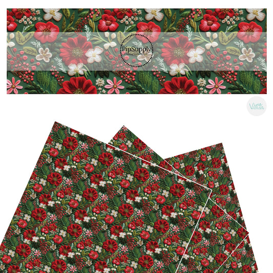 Red, green, and white multi floral embroidered faux leather sheets