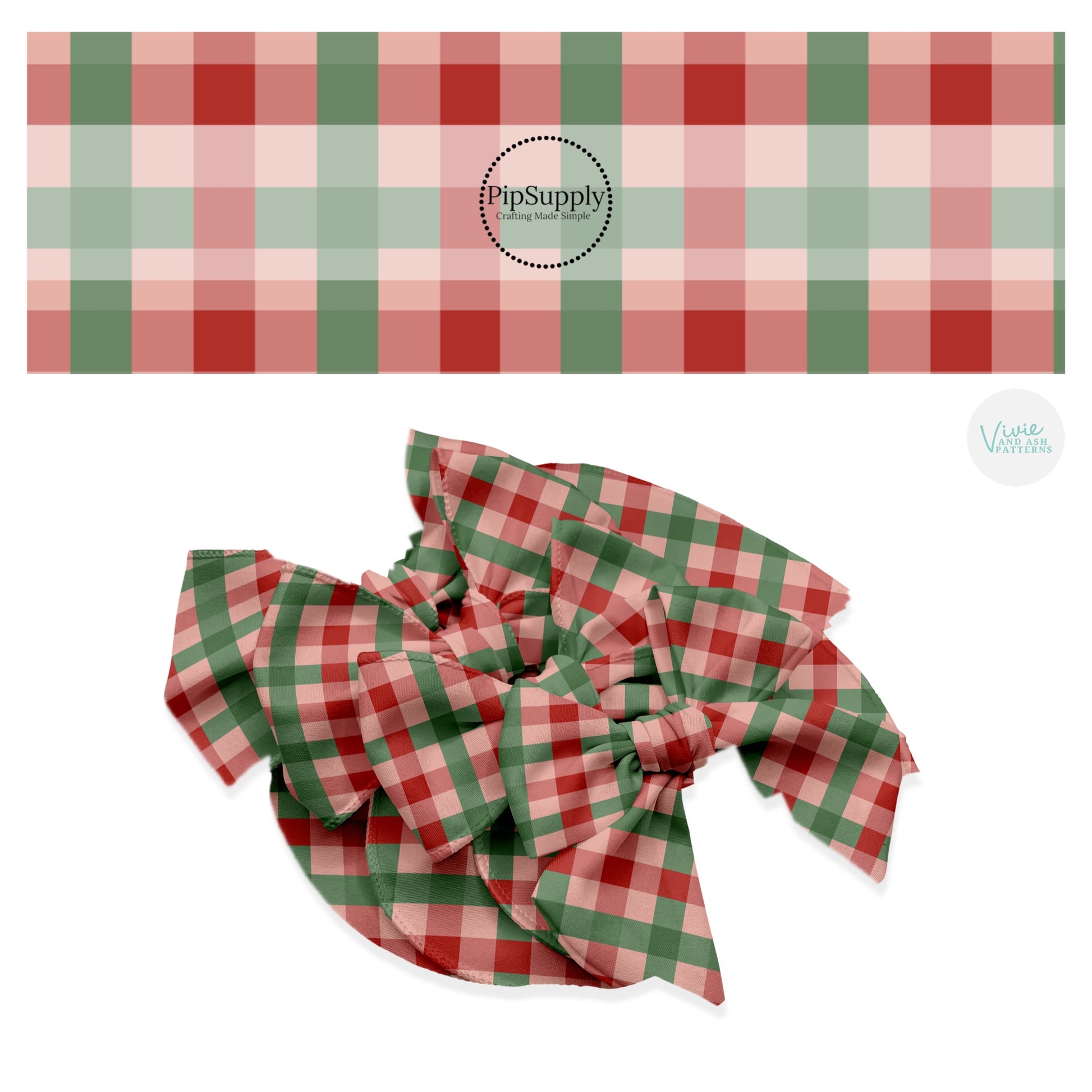 Red and green plaid hair bow strips