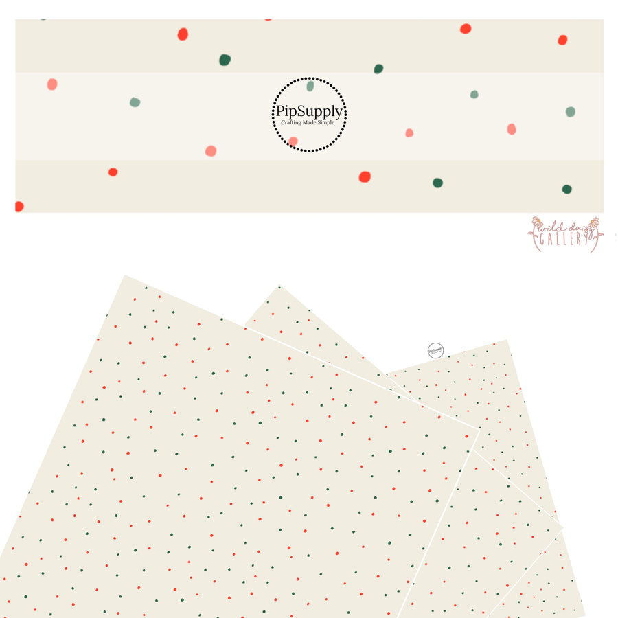 Red and green scattered dots on cream faux leather sheets