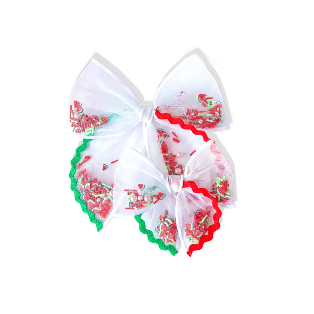 Red and Green Ric Rac Sprinkled Watermelon Pre-Filled TIED Shaker Hair Bow w/ Clip