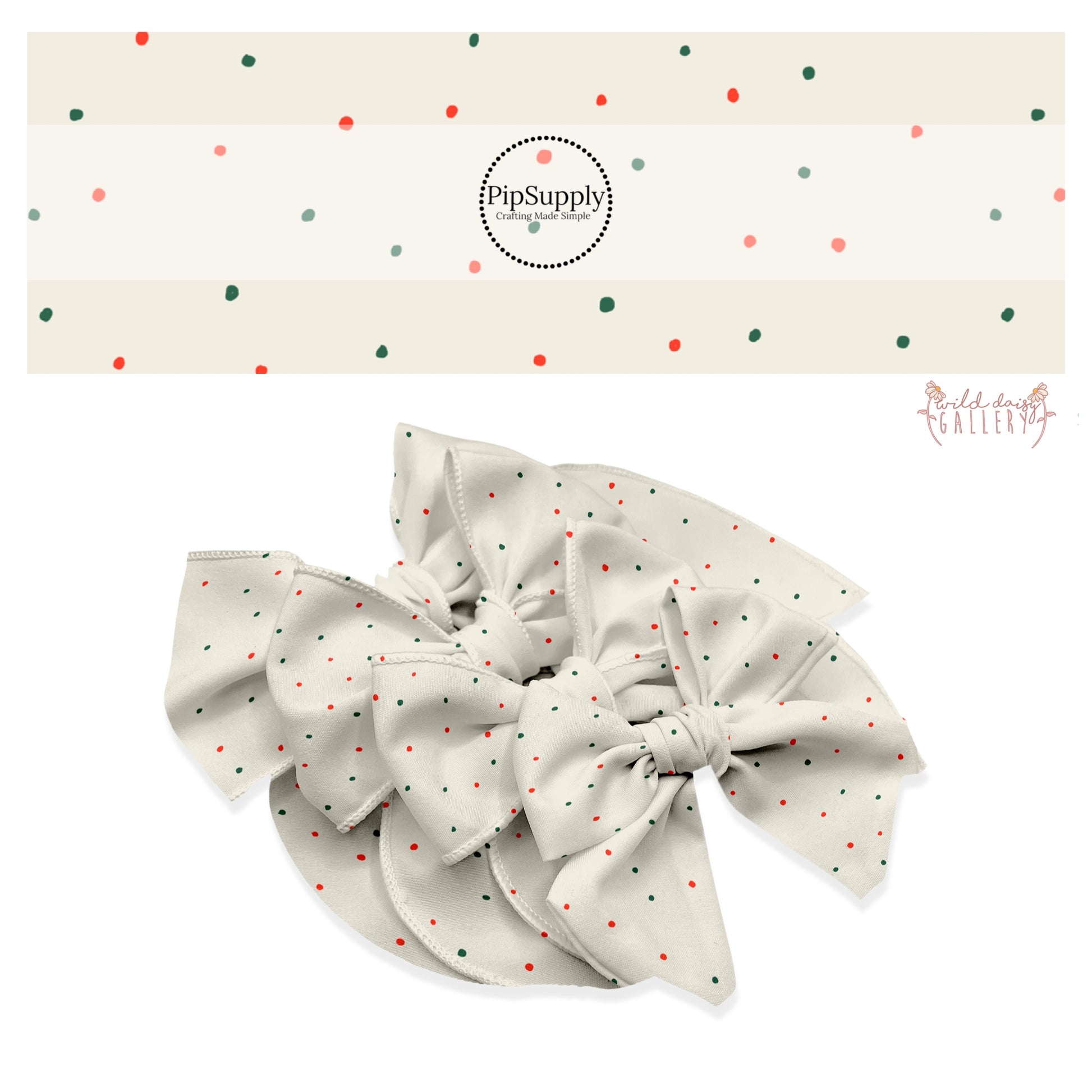 Green and red tiny polka dots on cream hair bow strips