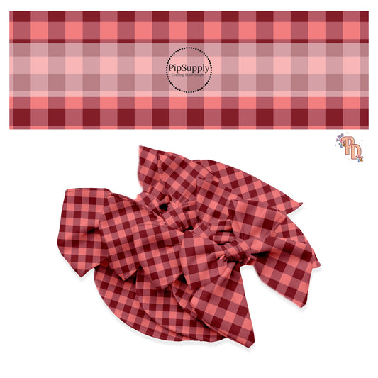 Cranberry and pink plaid hair bow strips