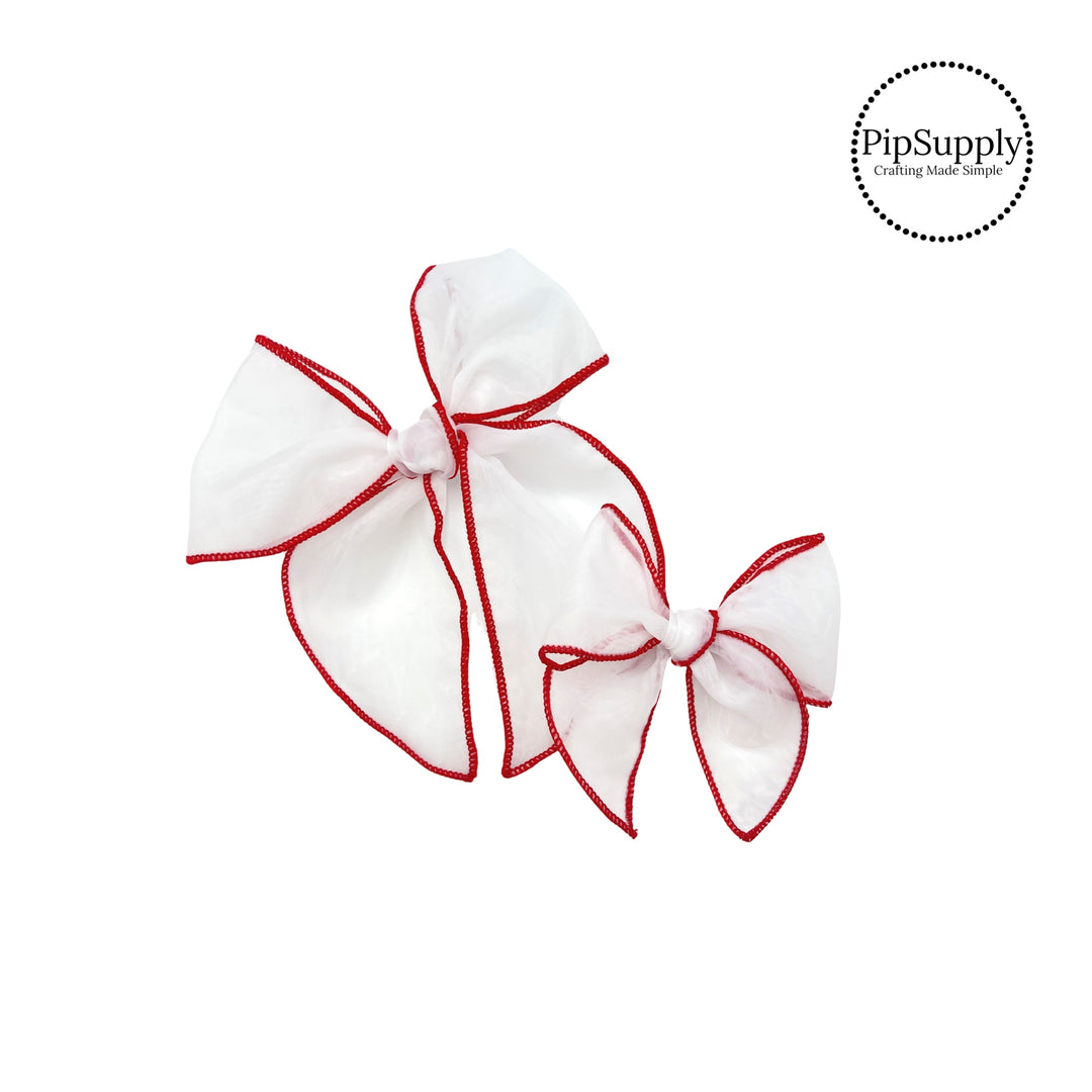 red stitches on white organza hair bow strip