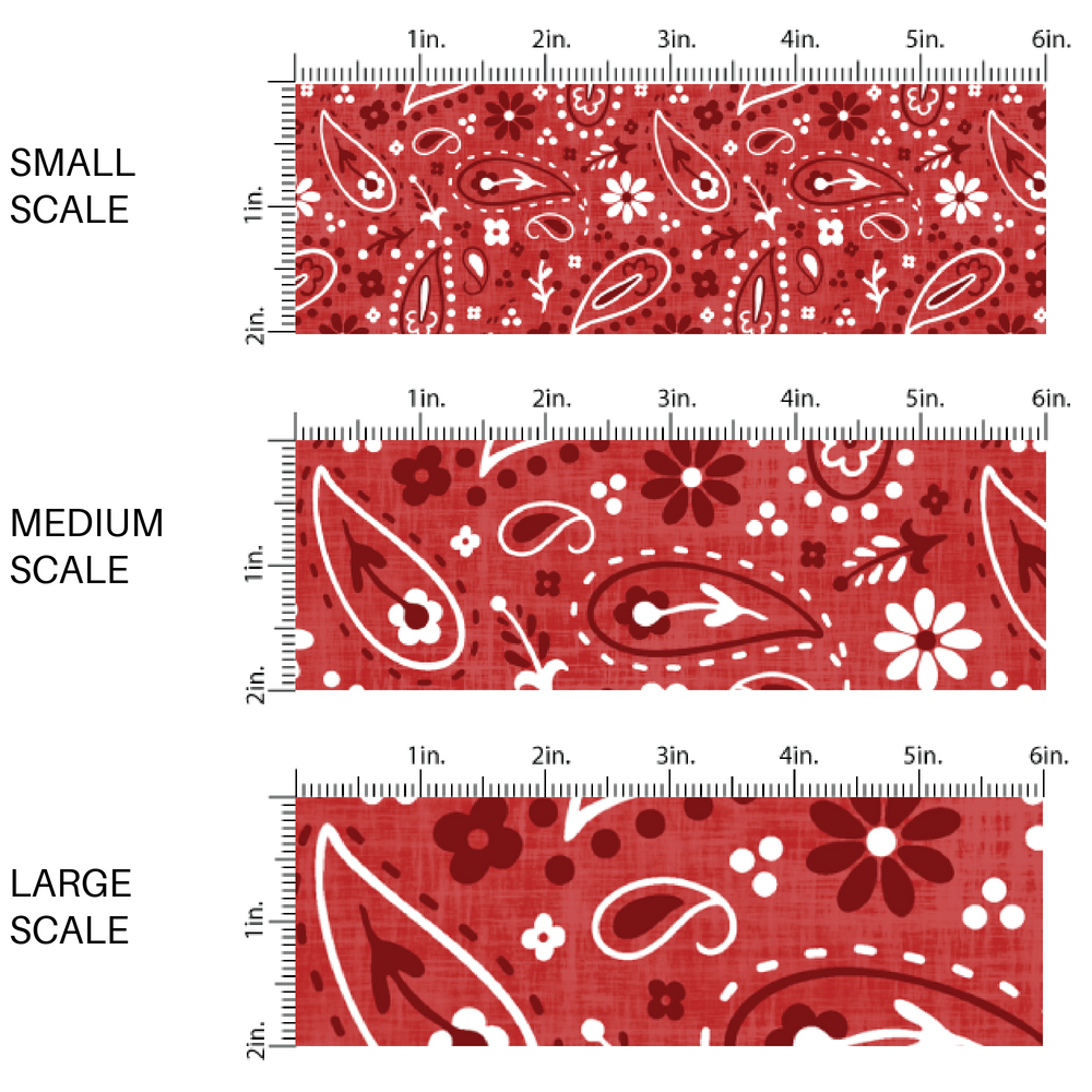 This scale chart with small scale, medium scale, and large scale of these patriotic and western red fabric by the yard features white, red and dark red bandana pattern.