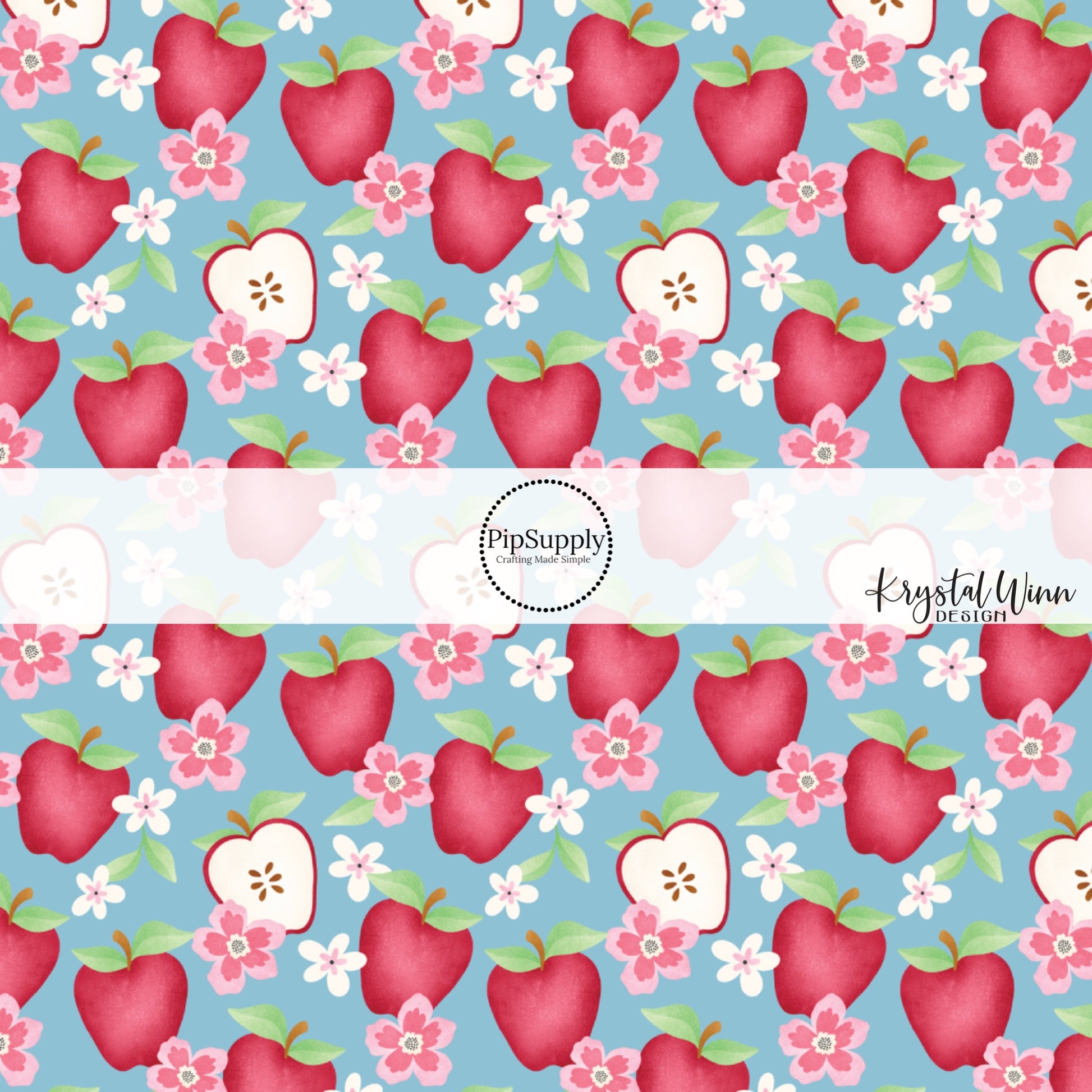 These fall apples themed blue fabric by the yard features red apples and apple slices with small flowers on blue. This fun fall themed fabric can be used for all your sewing and crafting needs! 