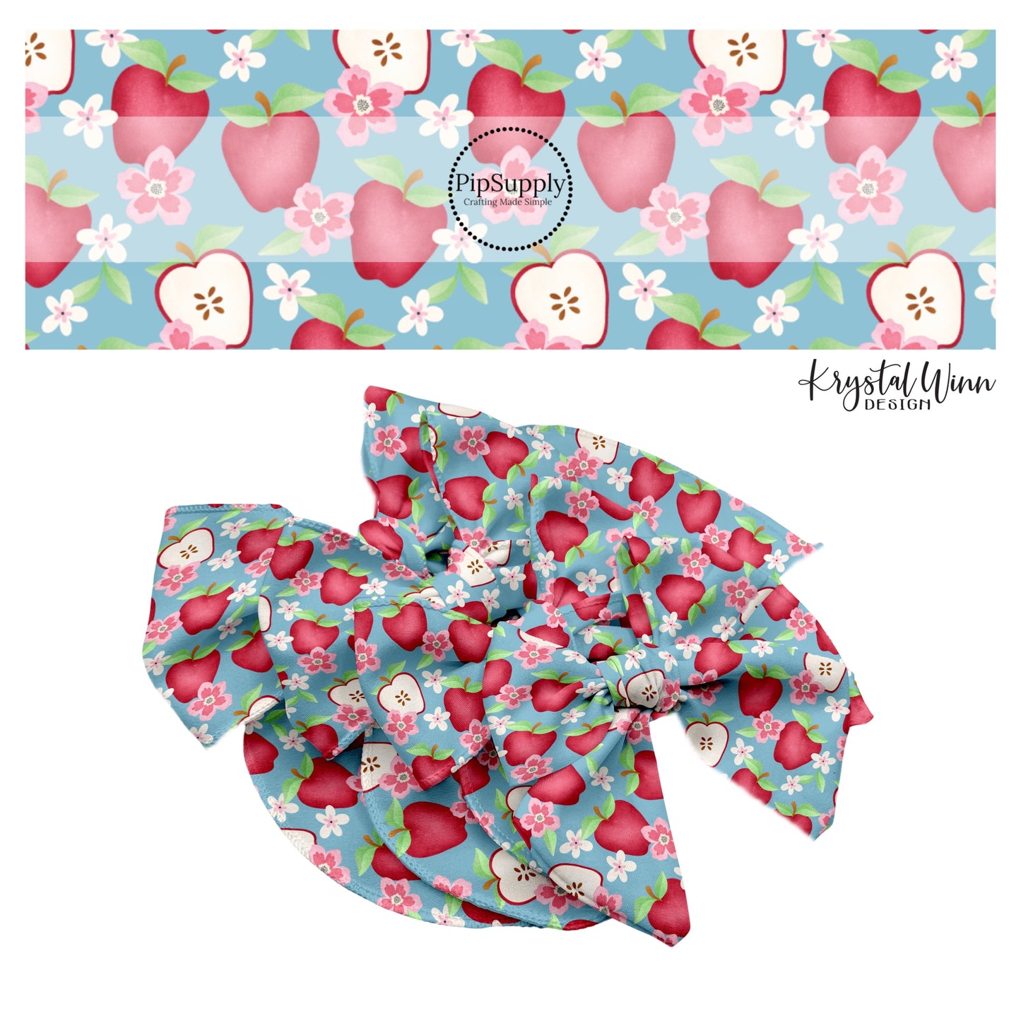 These fall apple themed blue no sew bow strips can be easily tied and attached to a clip for a finished hair bow. These fun fall bow strips are great for personal use or to sell. The bow strips features red apples and apple slices with small flowers on blue.