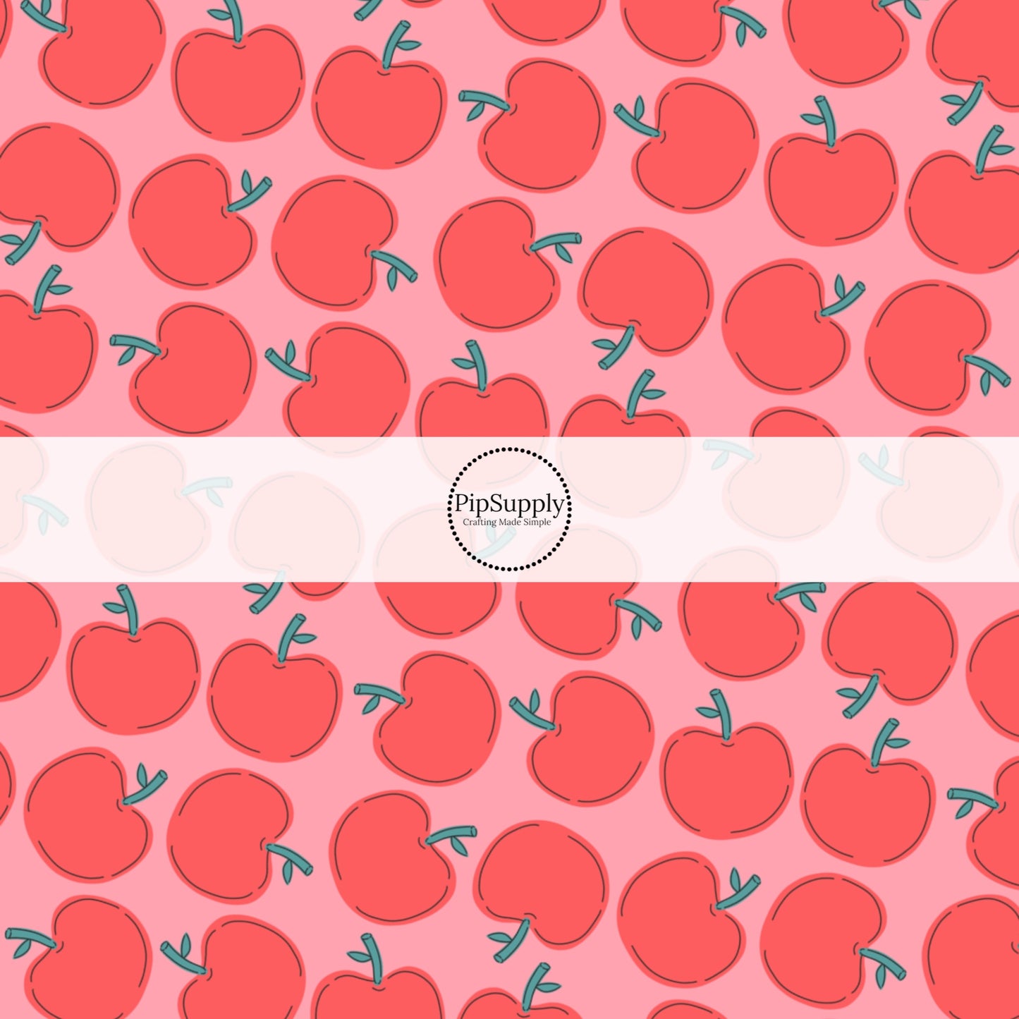 Scattered bright red apples with green stems on pink bow strips