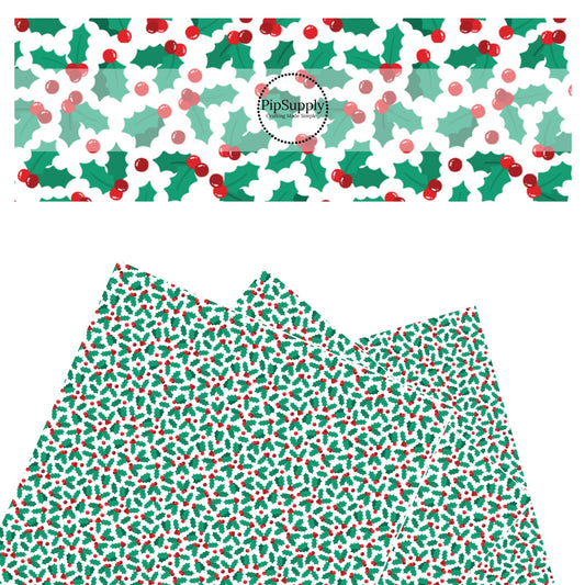 Green holly and red berries on white faux leather sheets