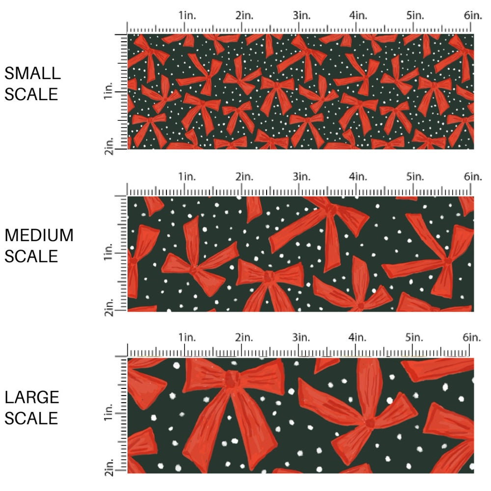 These winter bow themed pattern fabric by the yard features the following design elements: red bows on coal. This fun themed fabric can be used for all your sewing and crafting needs!