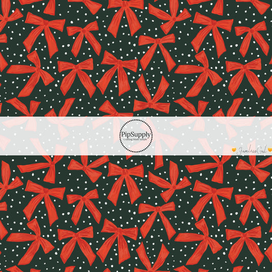 These winter bow themed pattern fabric by the yard features the following design elements: red bows on coal. This fun themed fabric can be used for all your sewing and crafting needs!