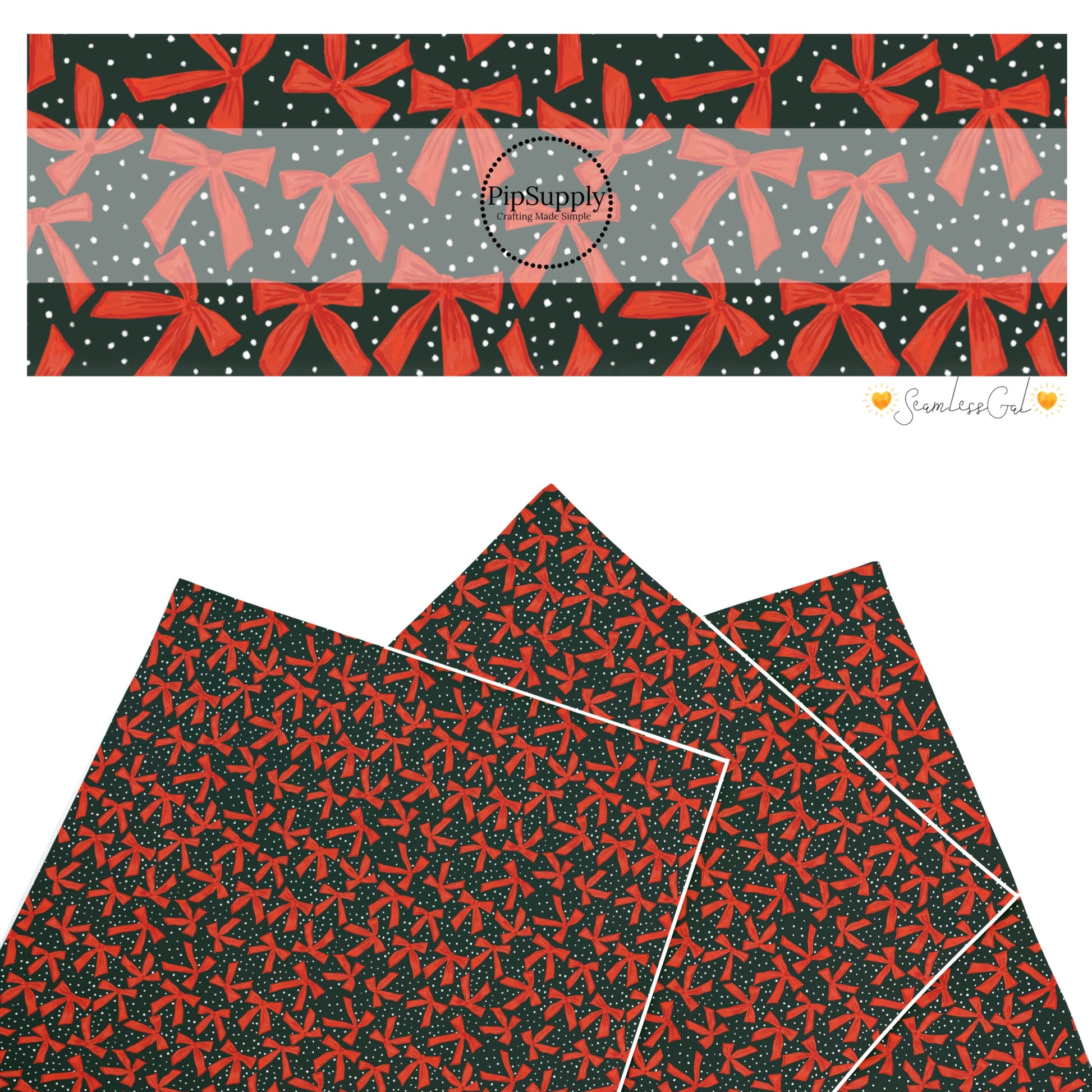 These winter bow themed pattern faux leather sheets contain the following design elements: red bows on coal. Our CPSIA compliant faux leather sheets or rolls can be used for all types of crafting projects.