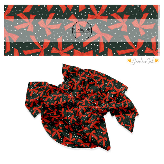 These winter bow themed no sew bow strips can be easily tied and attached to a clip for a finished hair bow. These fun patterned bow strips are great for personal use or to sell. These bow strips feature the following design elements: red bows on coal.