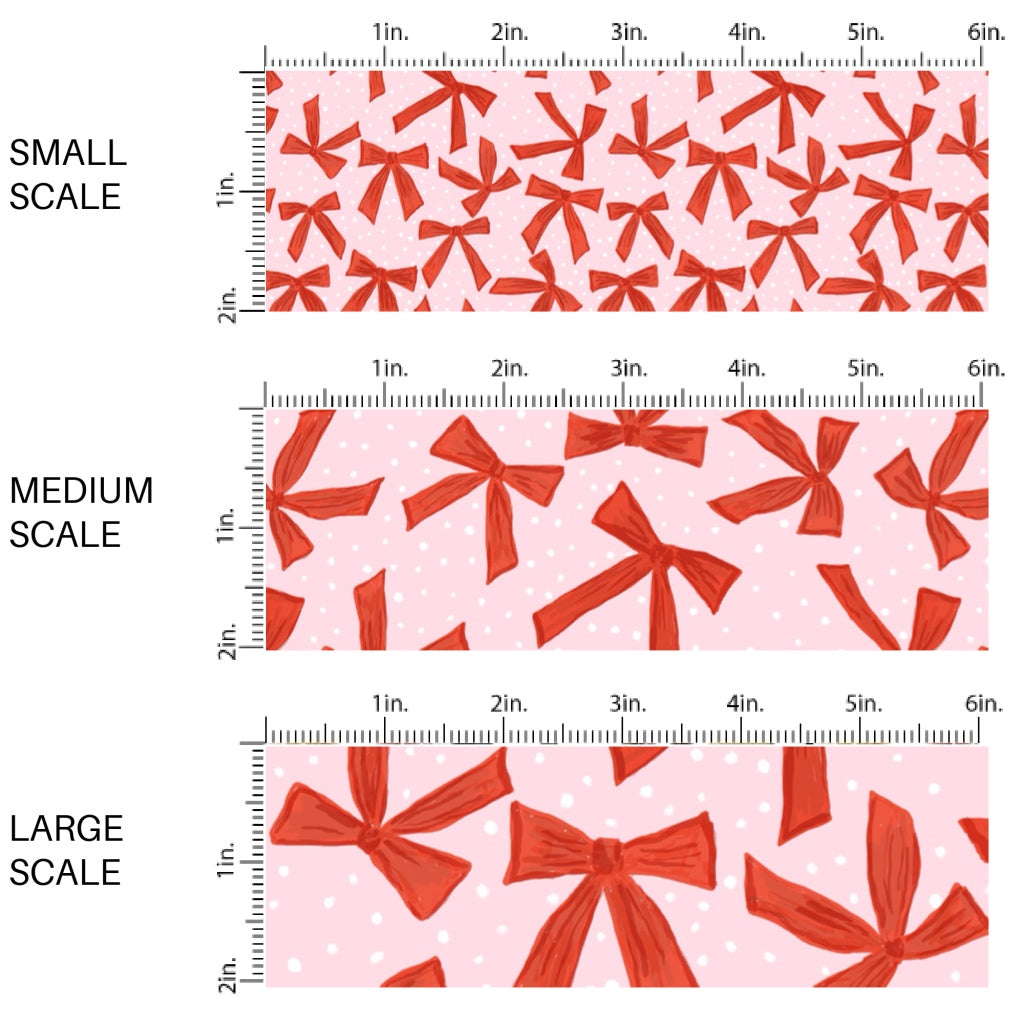 These winter bow themed pattern fabric by the yard features the following design elements: red bows on pink. This fun themed fabric can be used for all your sewing and crafting needs!