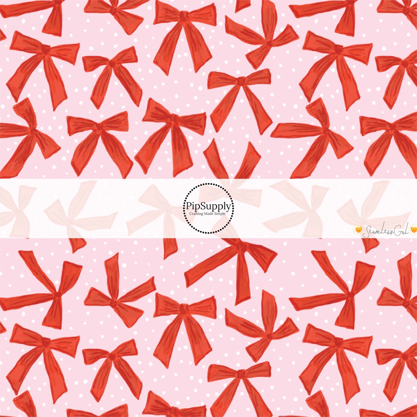 These winter bow themed pattern fabric by the yard features the following design elements: red bows on pink. This fun themed fabric can be used for all your sewing and crafting needs!