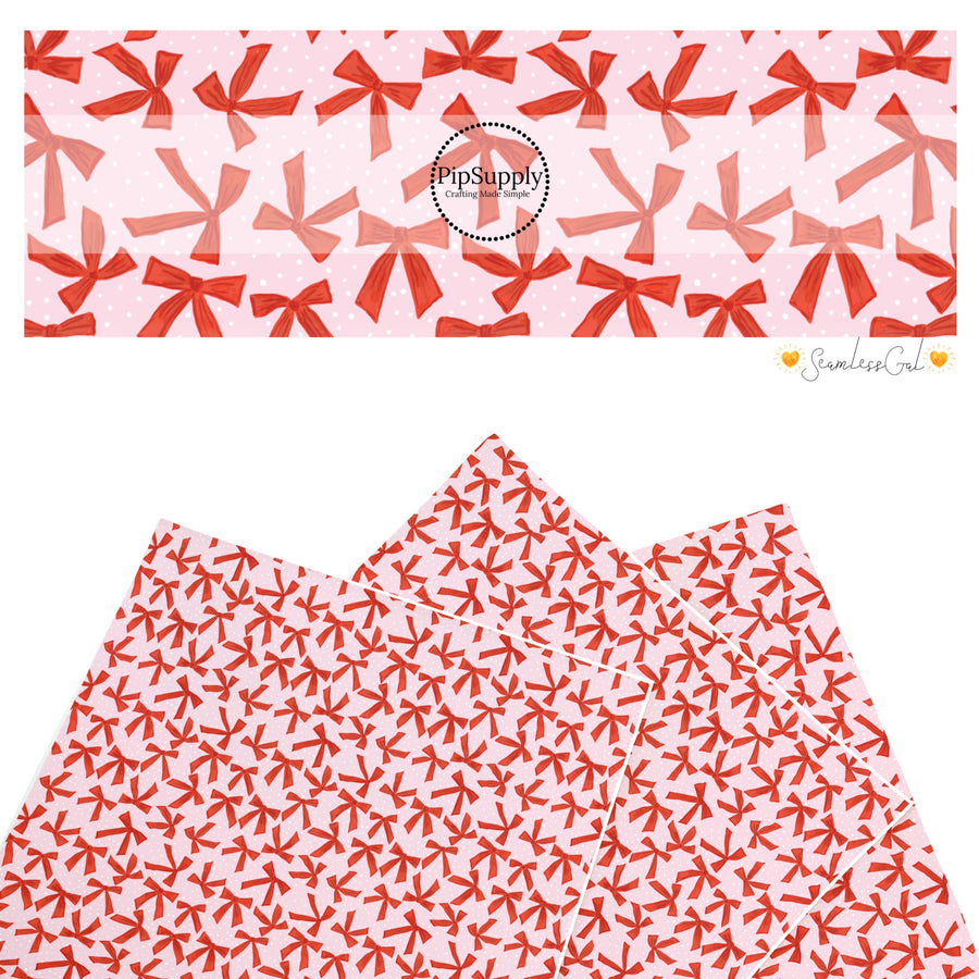 These winter bow themed pattern faux leather sheets contain the following design elements: red bows on pink. Our CPSIA compliant faux leather sheets or rolls can be used for all types of crafting projects.