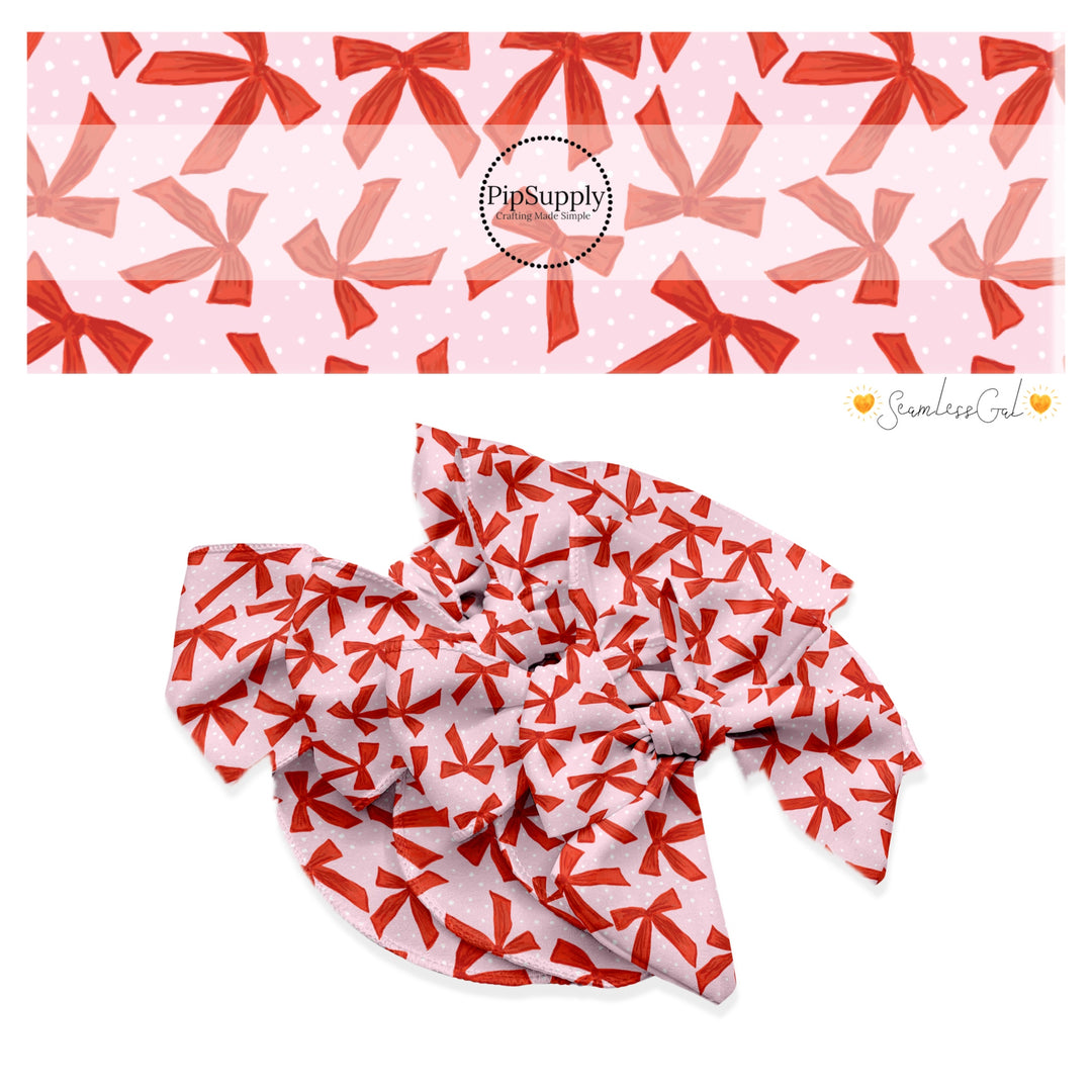 These winter bow themed no sew bow strips can be easily tied and attached to a clip for a finished hair bow. These fun patterned bow strips are great for personal use or to sell. These bow strips feature the following design elements: red bows on pink.