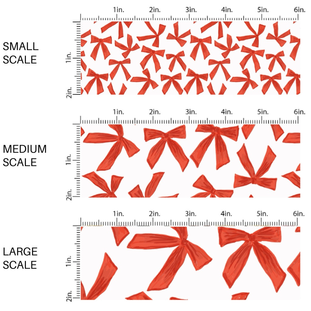 These winter bow themed pattern fabric by the yard features the following design elements: red bows on cream. This fun themed fabric can be used for all your sewing and crafting needs!