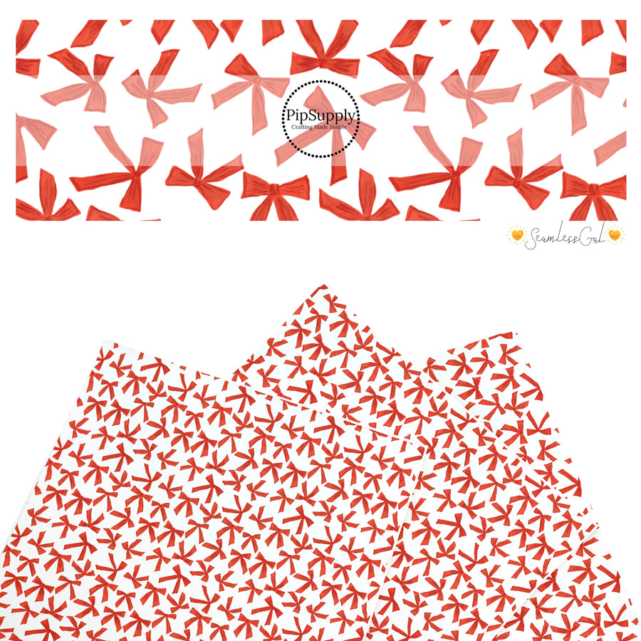 These winter bow themed pattern faux leather sheets contain the following design elements: red bows on cream. Our CPSIA compliant faux leather sheets or rolls can be used for all types of crafting projects.