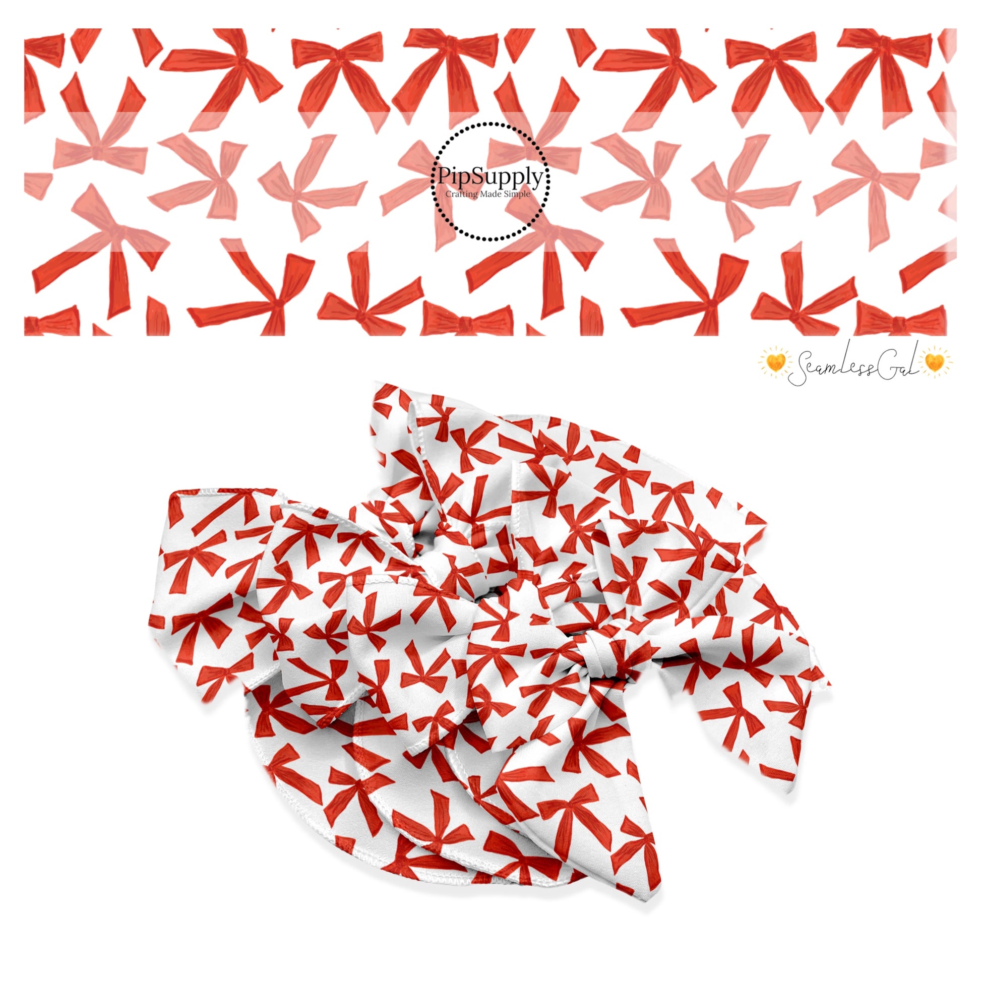 These winter bow themed no sew bow strips can be easily tied and attached to a clip for a finished hair bow. These fun patterned bow strips are great for personal use or to sell. These bow strips feature the following design elements: red bows on cream.