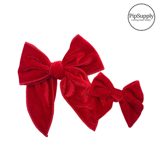 Red Double Sided Velvet Hair Bow Strips - Tied