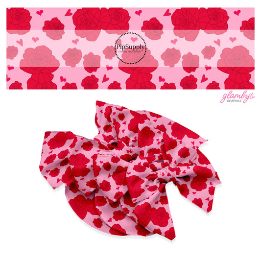 Bright red roses and hearts on hot pink hair bow strips