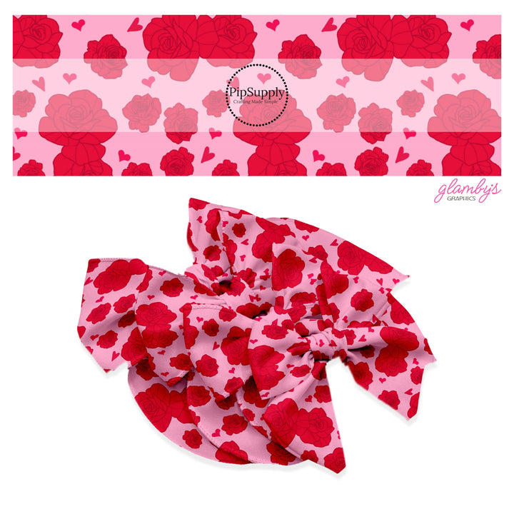 Bright red roses and hearts on hot pink hair bow strips