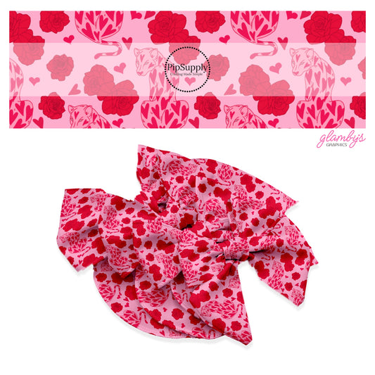 Leopards with heart spots, roses, and hearts on pink hair bow strps
