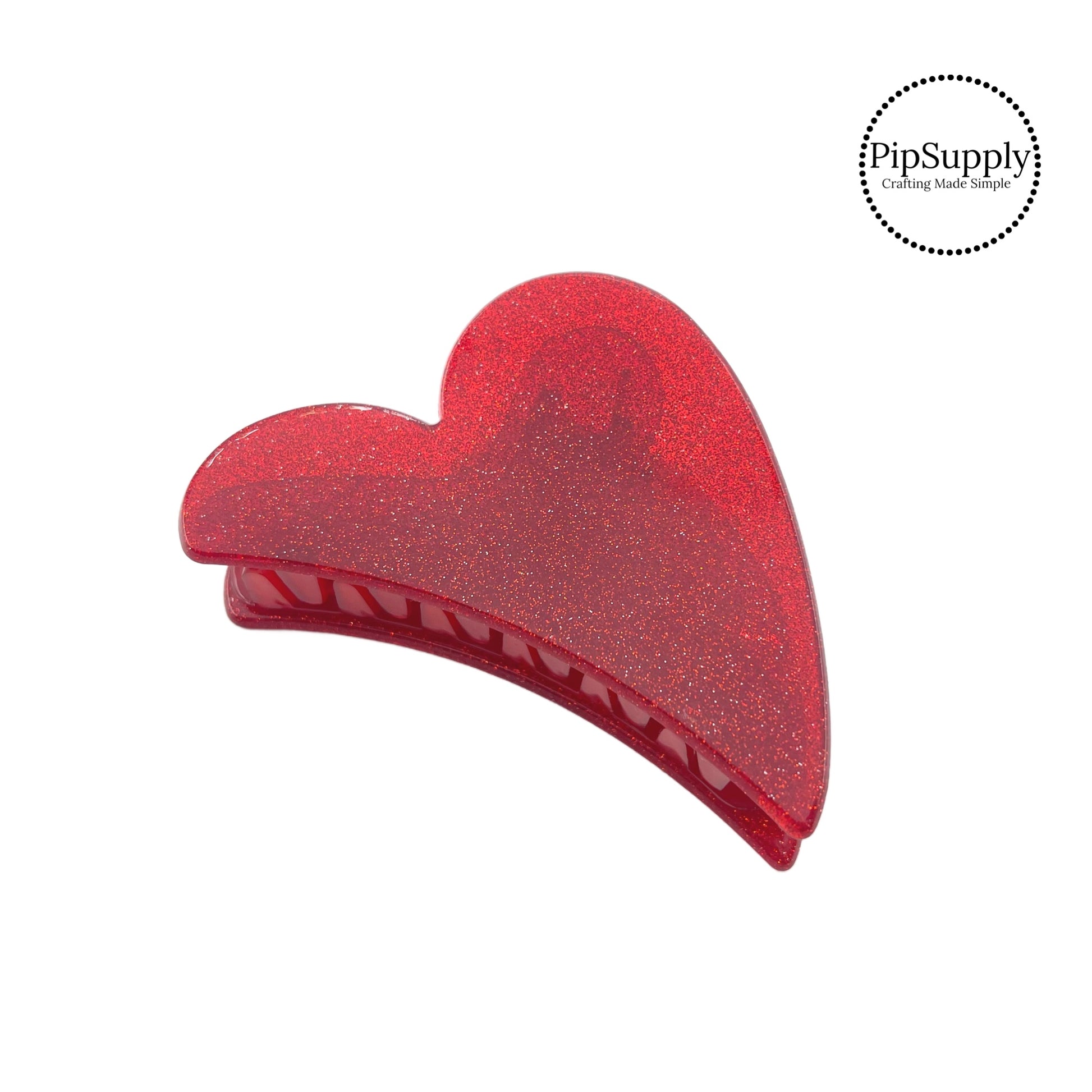 Curved red glitter heart hair clip