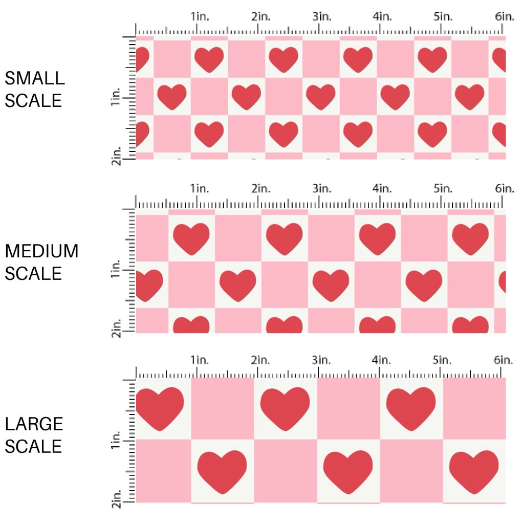 This holiday fabric by the yard features red hearts on pink and cream checkers. This festive pattern fabric can be used for all your sewing and crafting needs!