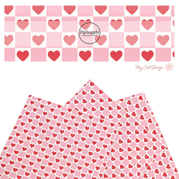 These holiday faux leather sheets contain the following design elements: red hearts on pink and cream checkers. Our CPSIA compliant faux leather sheets or rolls can be used for all types of crafting projects.